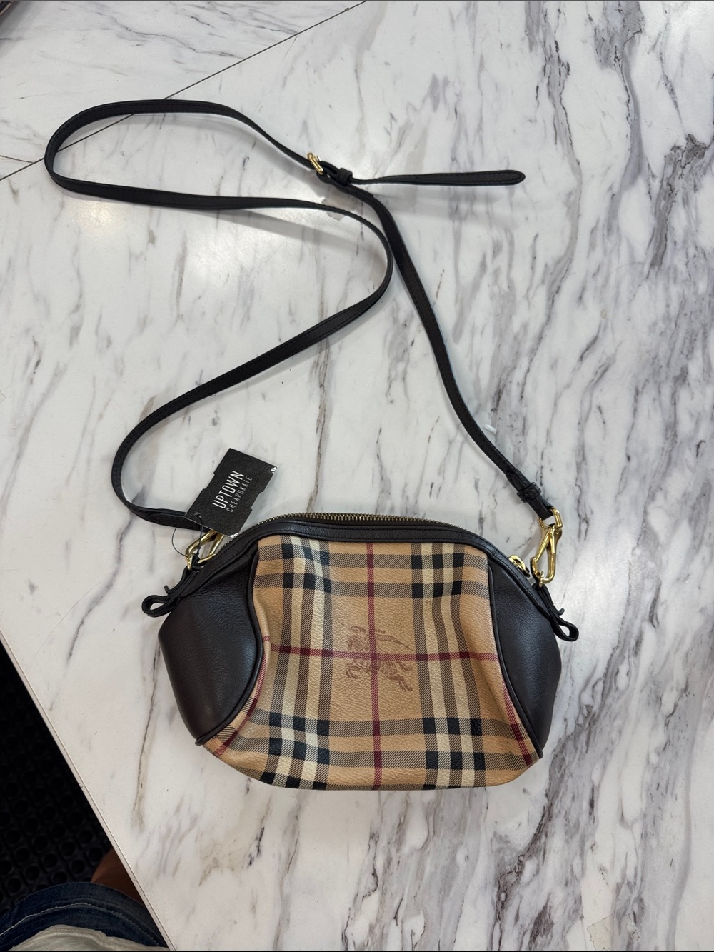 Burberry Beige Plaid Crossbody with Black Leather Trim